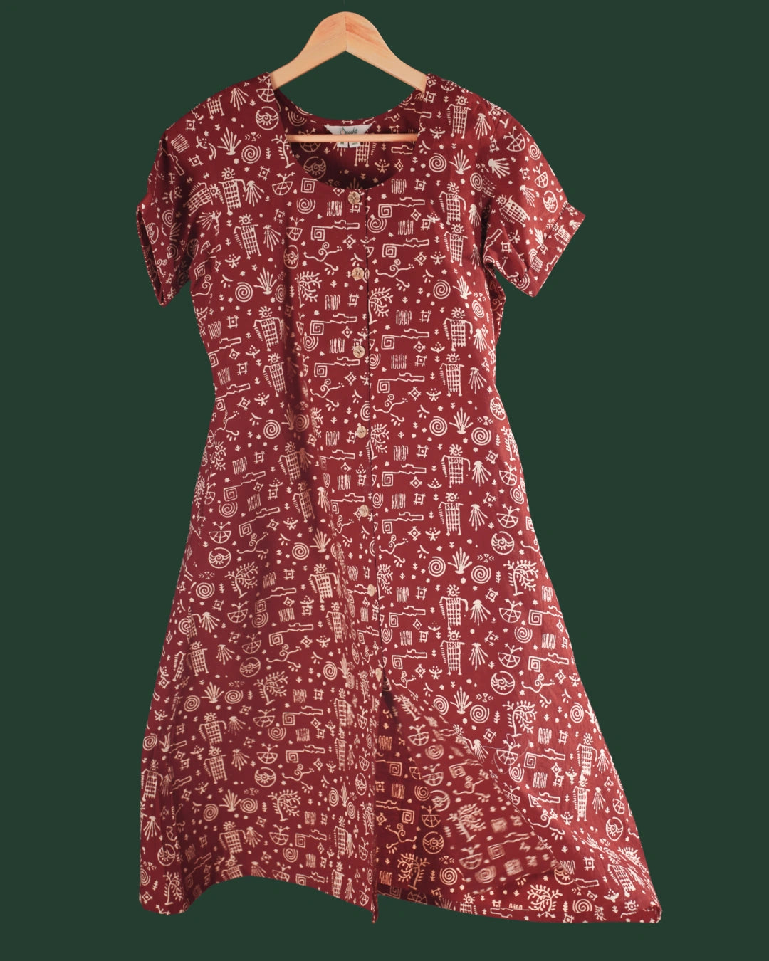 Pure Cotton Worli Art Midi Dress with Sleeves(Short sleeves) - Terracotta Rouge