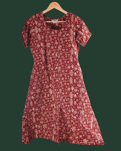 Pure Cotton Worli Art Midi Dress with Sleeves(Short sleeves) - Terracotta Rouge