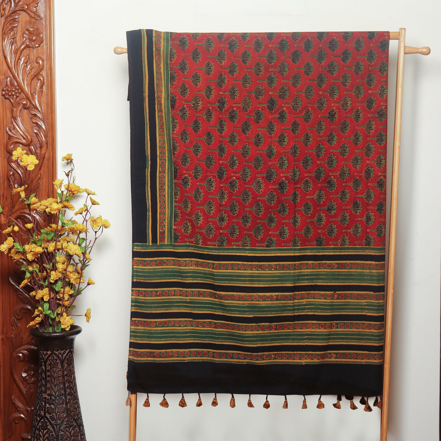 Ajrakh Hand Block Printed Cotton Dupatta with Tassels