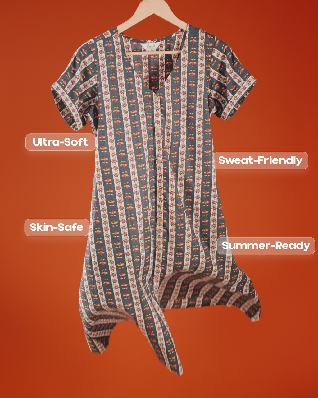 Marigold Trail Pure Cotton Block Print Midi Dress( Short Sleeves) - Charcoal Petal