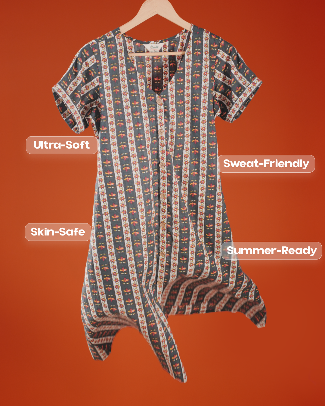 Marigold Trail Pure Cotton Block Print Midi Dress( Short Sleeves) - Charcoal Petal