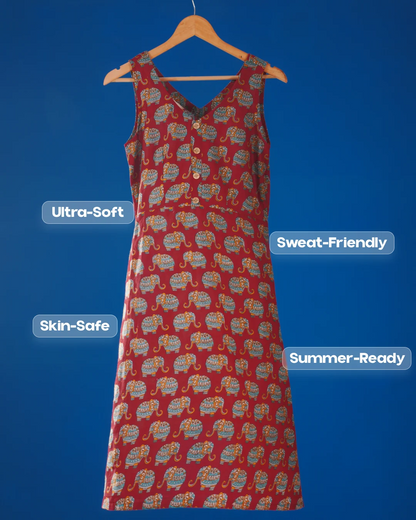 Jaipur Parade Hand Block Print Cotton Midi Dress (Sleeveless) - Burnt Coral