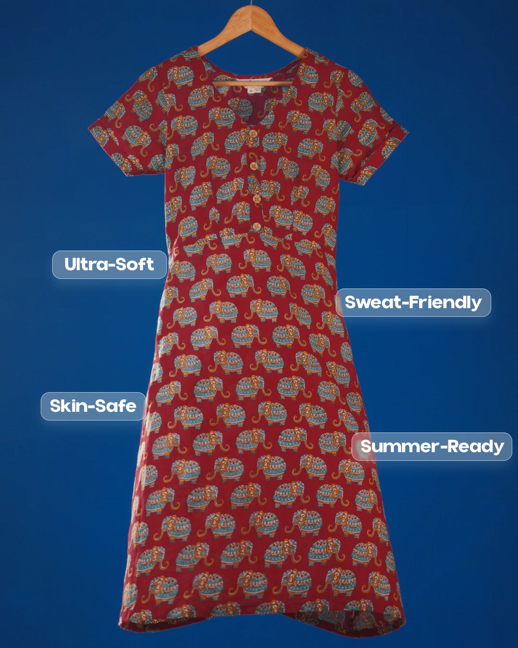 Jaipur Parade Hand Block Print Cotton Midi Dress(Short sleeves) - Burnt Coral