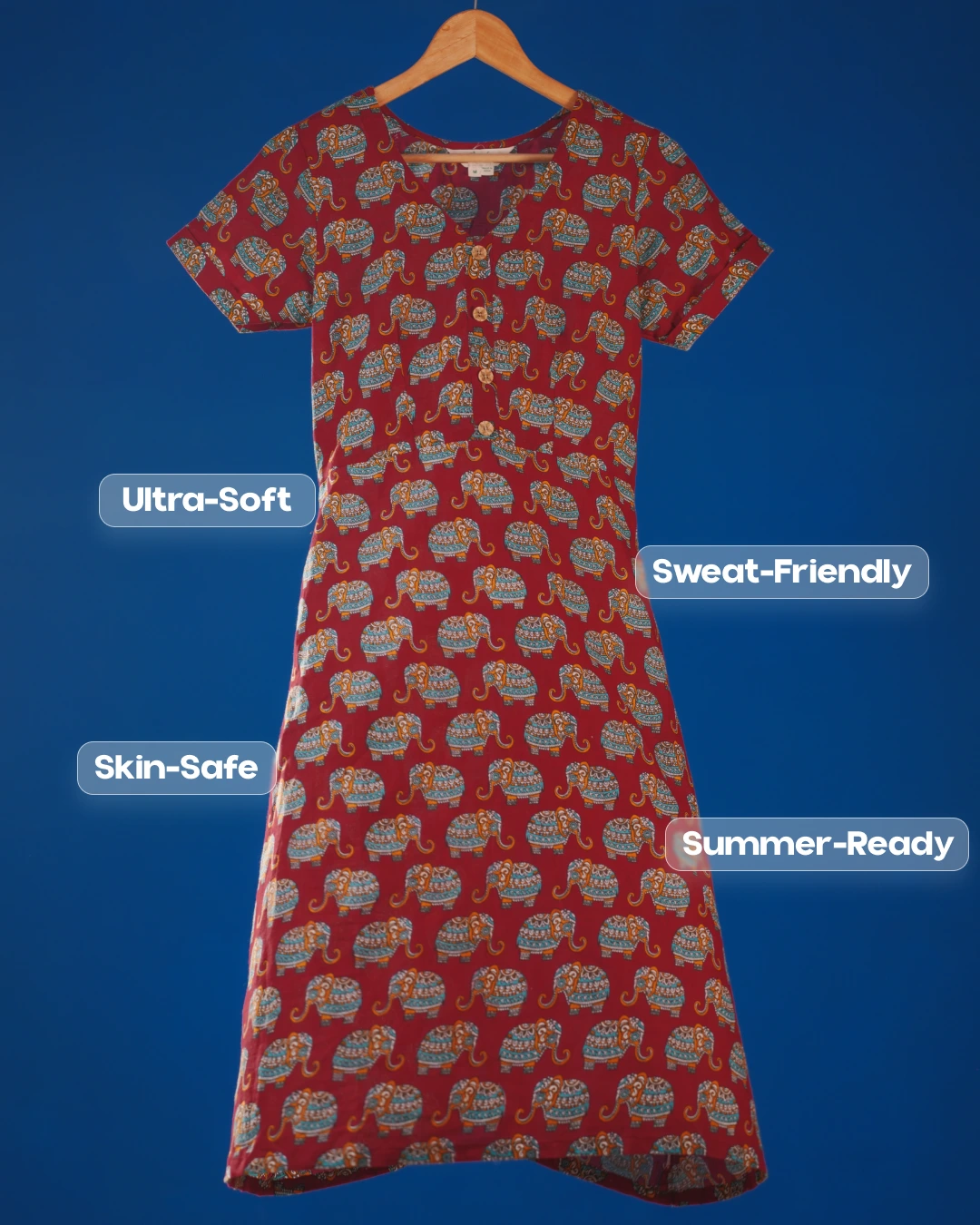 Jaipur Parade Hand Block Print Cotton Midi Dress(Short sleeves) - Burnt Coral