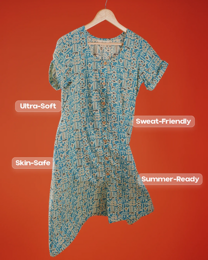 Pure Cotton Worli Art Midi Dress with Sleeves(Short sleeves) - Blue Mirage