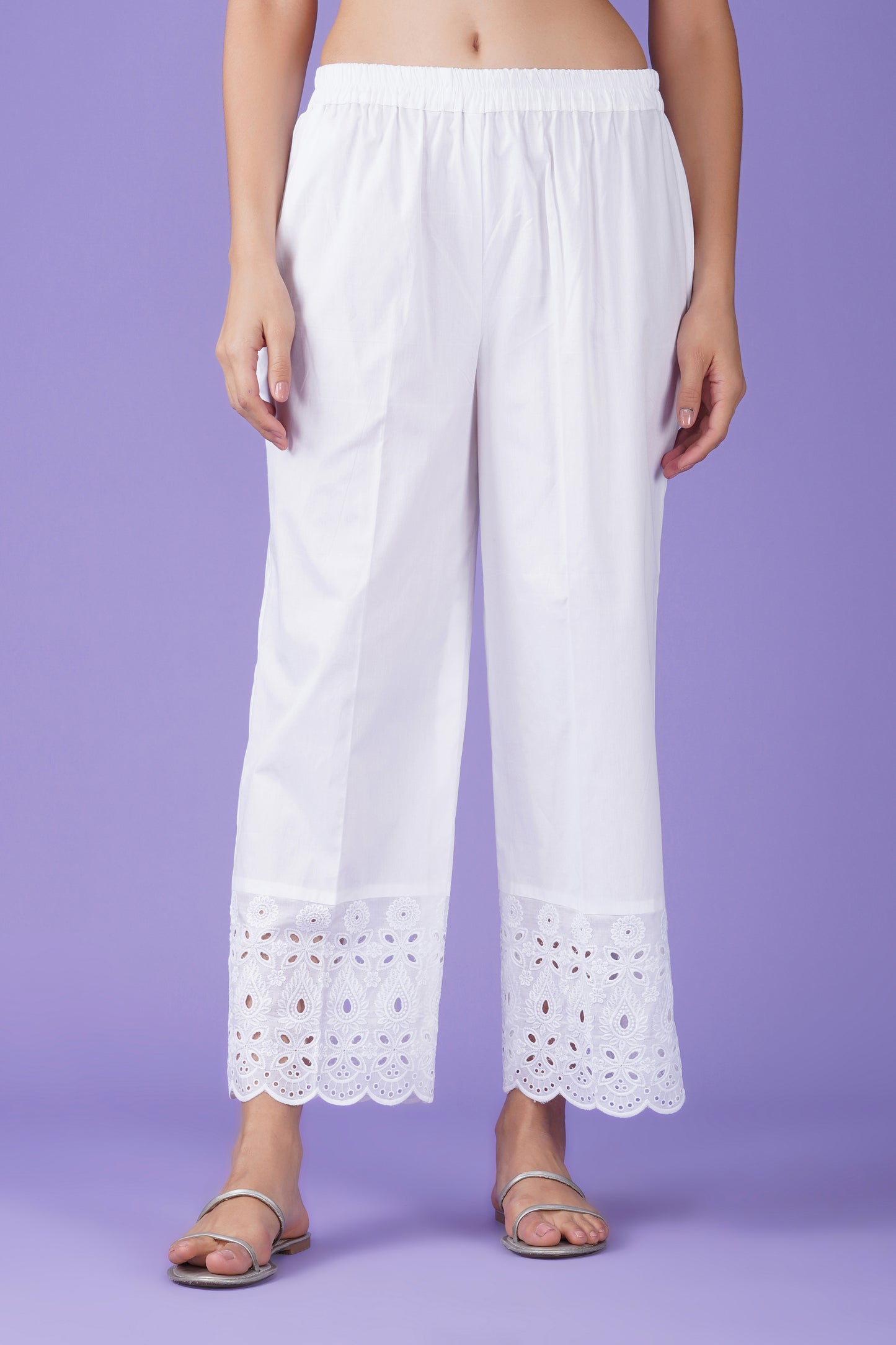 White Cotton Palazzo with Broad Hakoba Lace