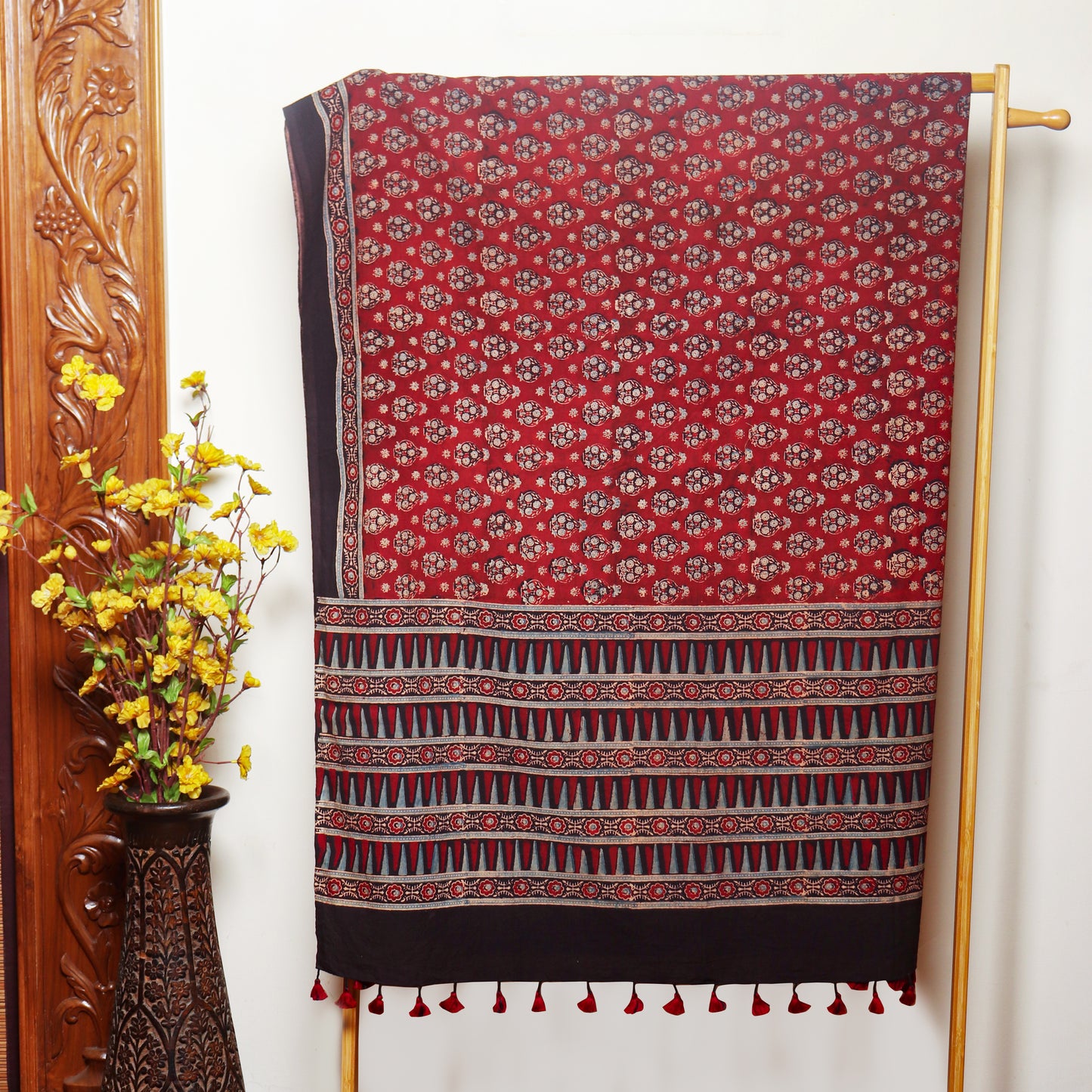 Maroon and Black Ajrakh Hand Block Printed Cotton Dupatta with Tassels