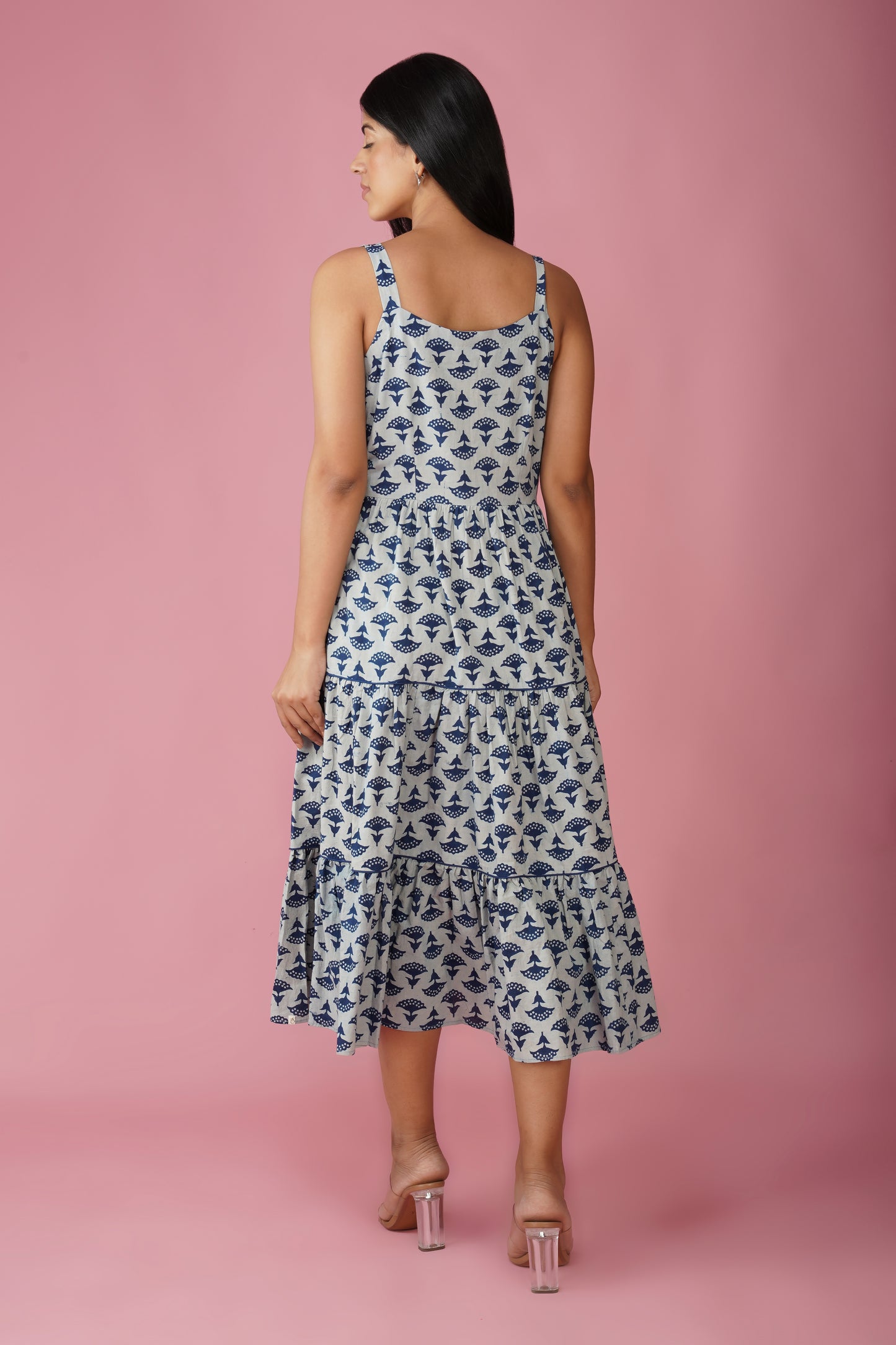 Indigo Cotton Tiered Midi Dress