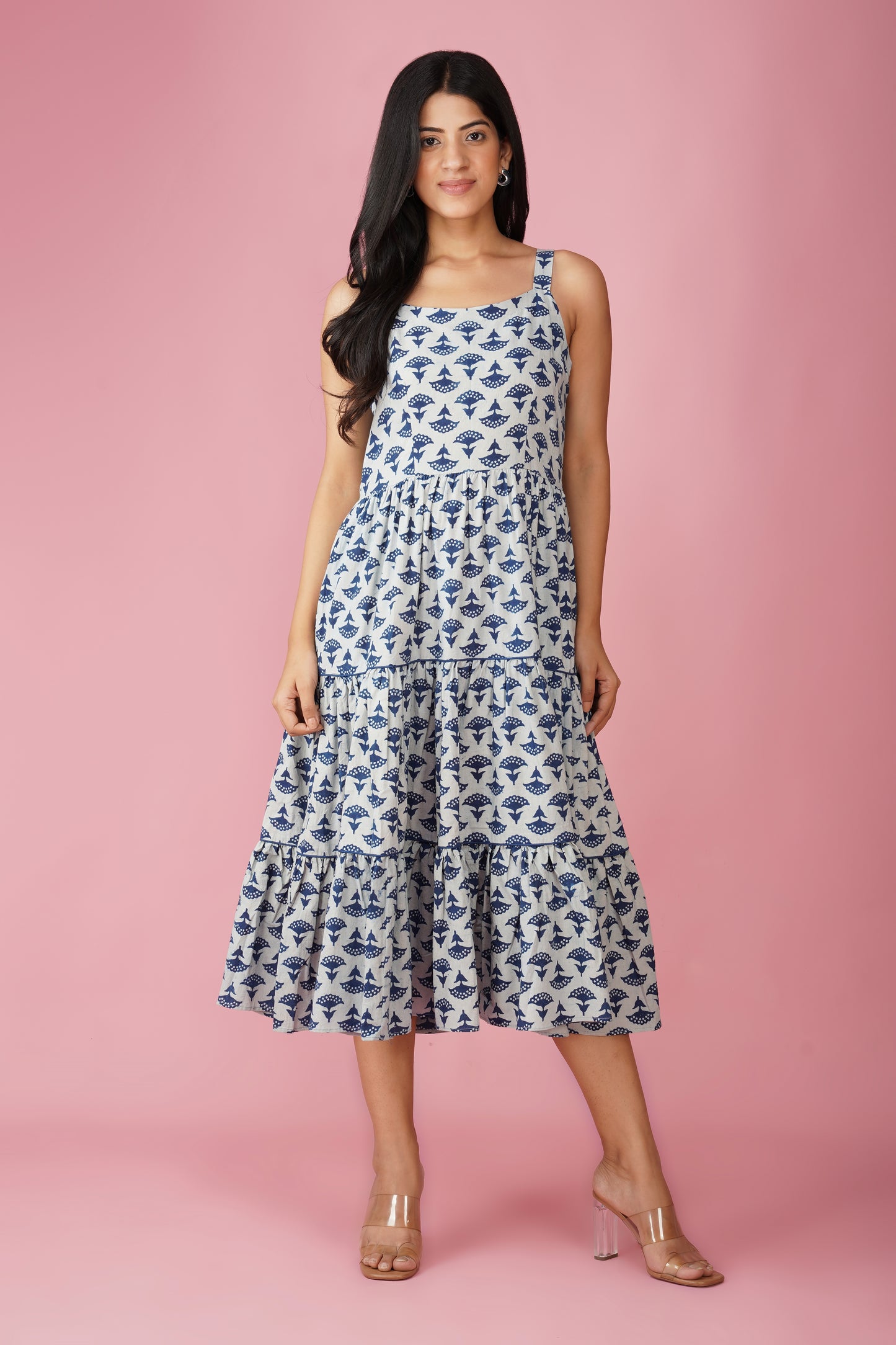 Indigo Cotton Tiered Midi Dress