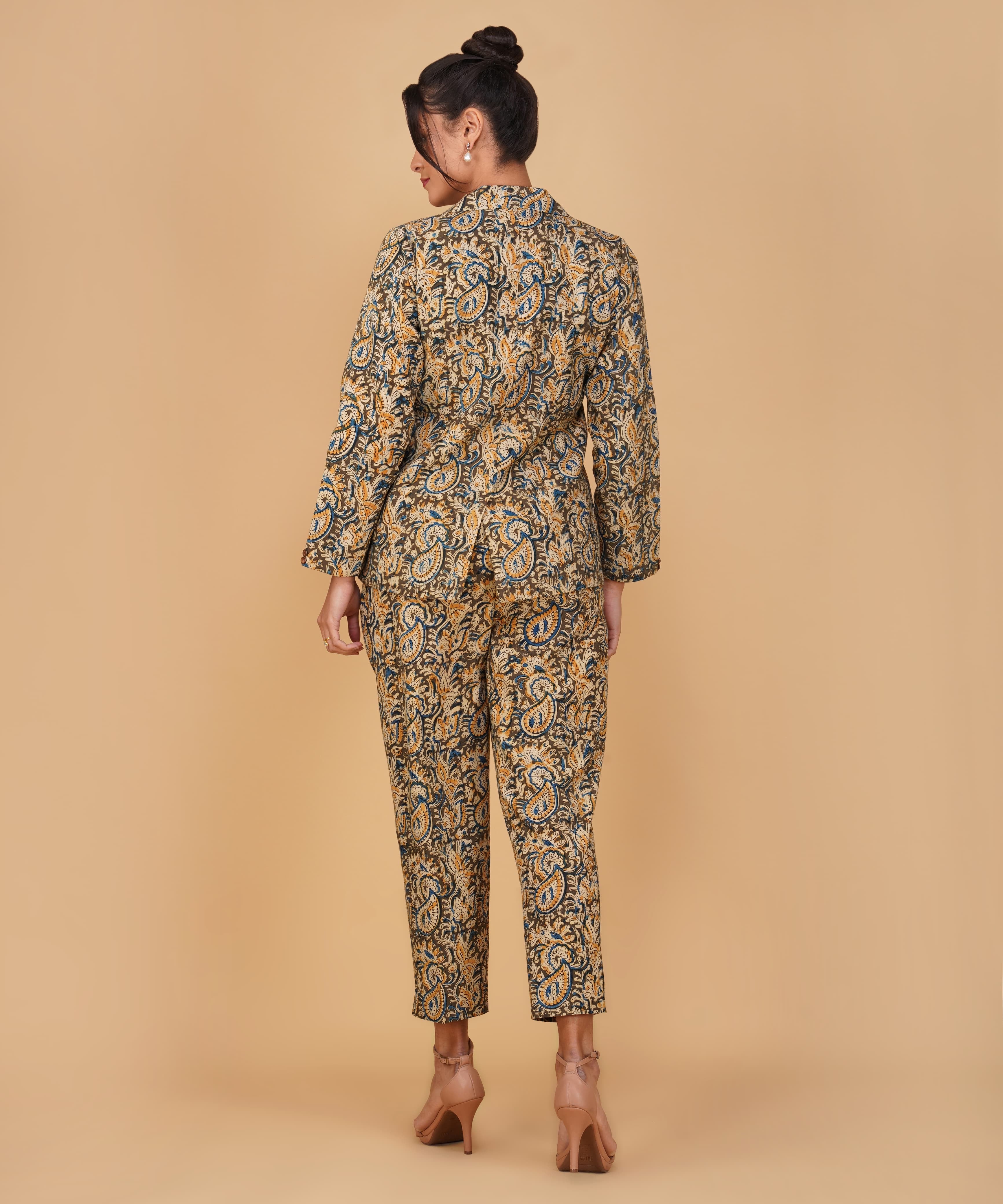 Azure Gold Paisley Kalamkari Blazer Set