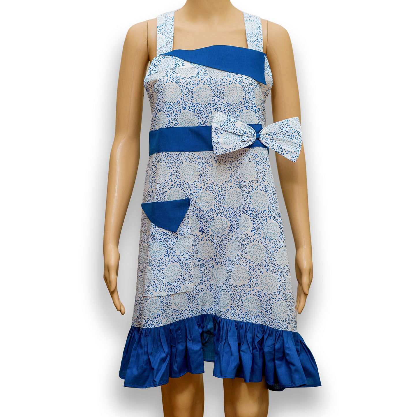 Blue Bow and Frills Hand Block Apron