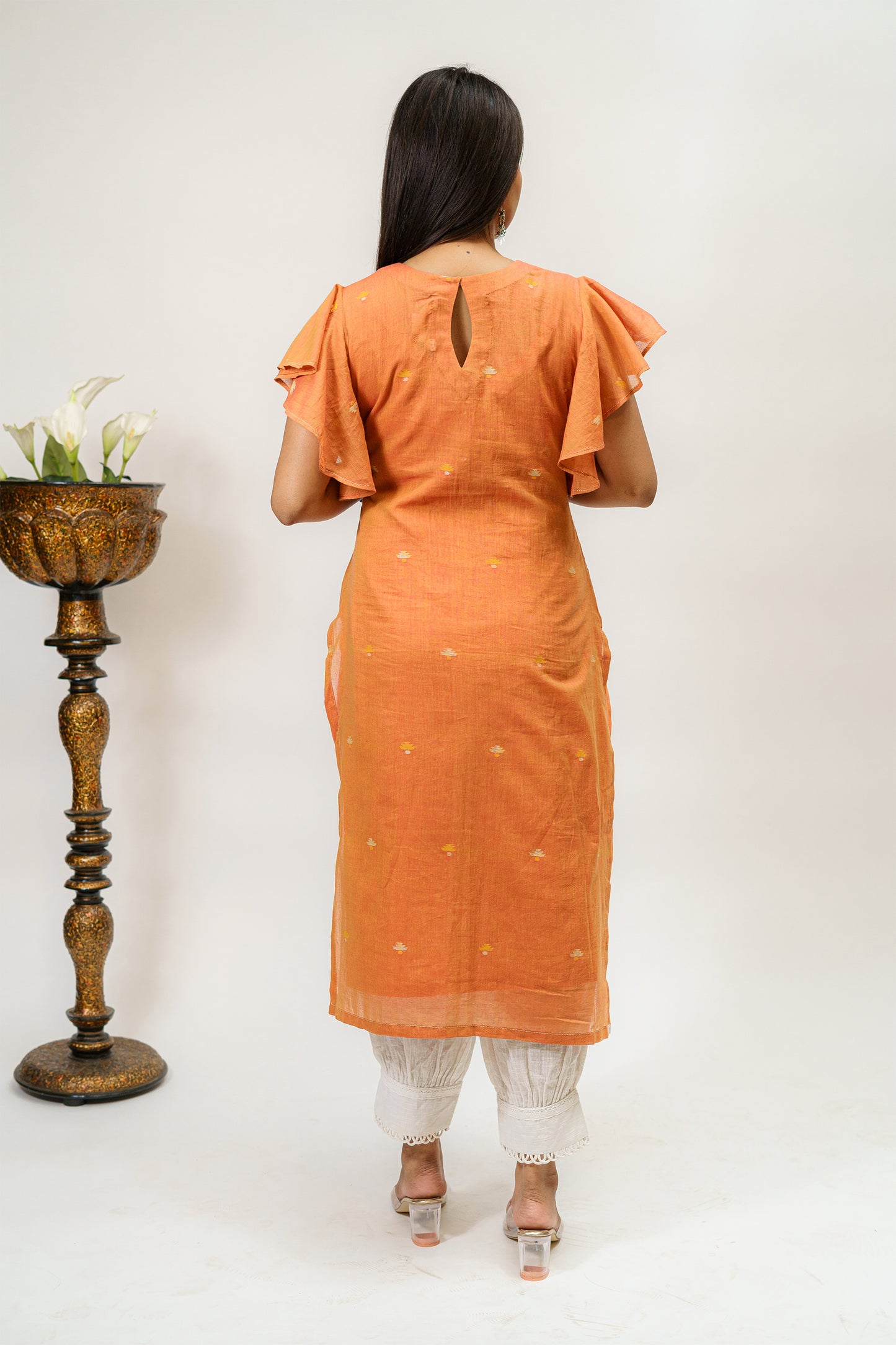 Tangerine Jamdani Booti Kurta with Frilled Sleeves