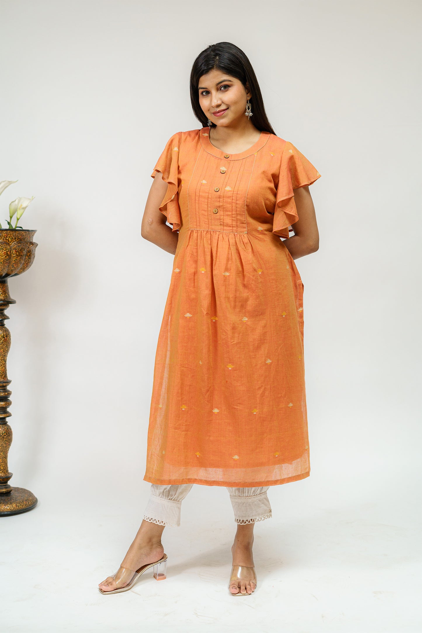 Tangerine Jamdani Booti Kurta with Frilled Sleeves