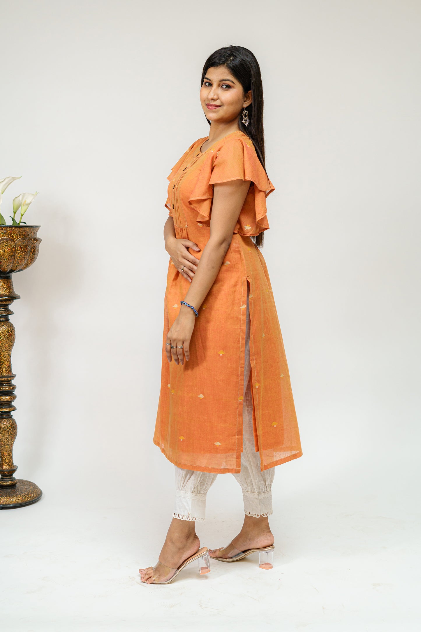 Tangerine Jamdani Booti Kurta with Frilled Sleeves