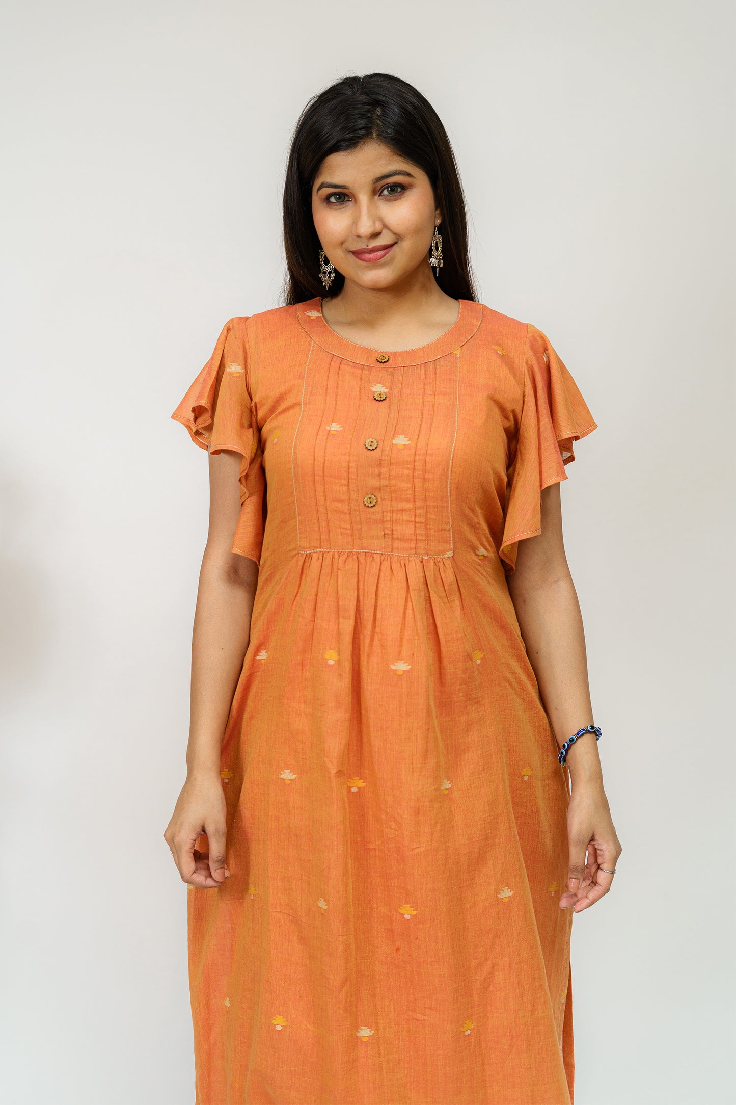 Tangerine Jamdani Booti Kurta with Frilled Sleeves