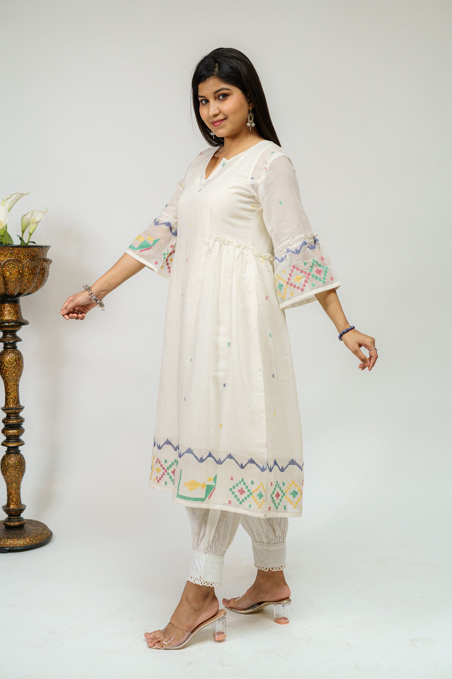 Serene & Cool Pearl Jamdani Kurta with Border & Slip