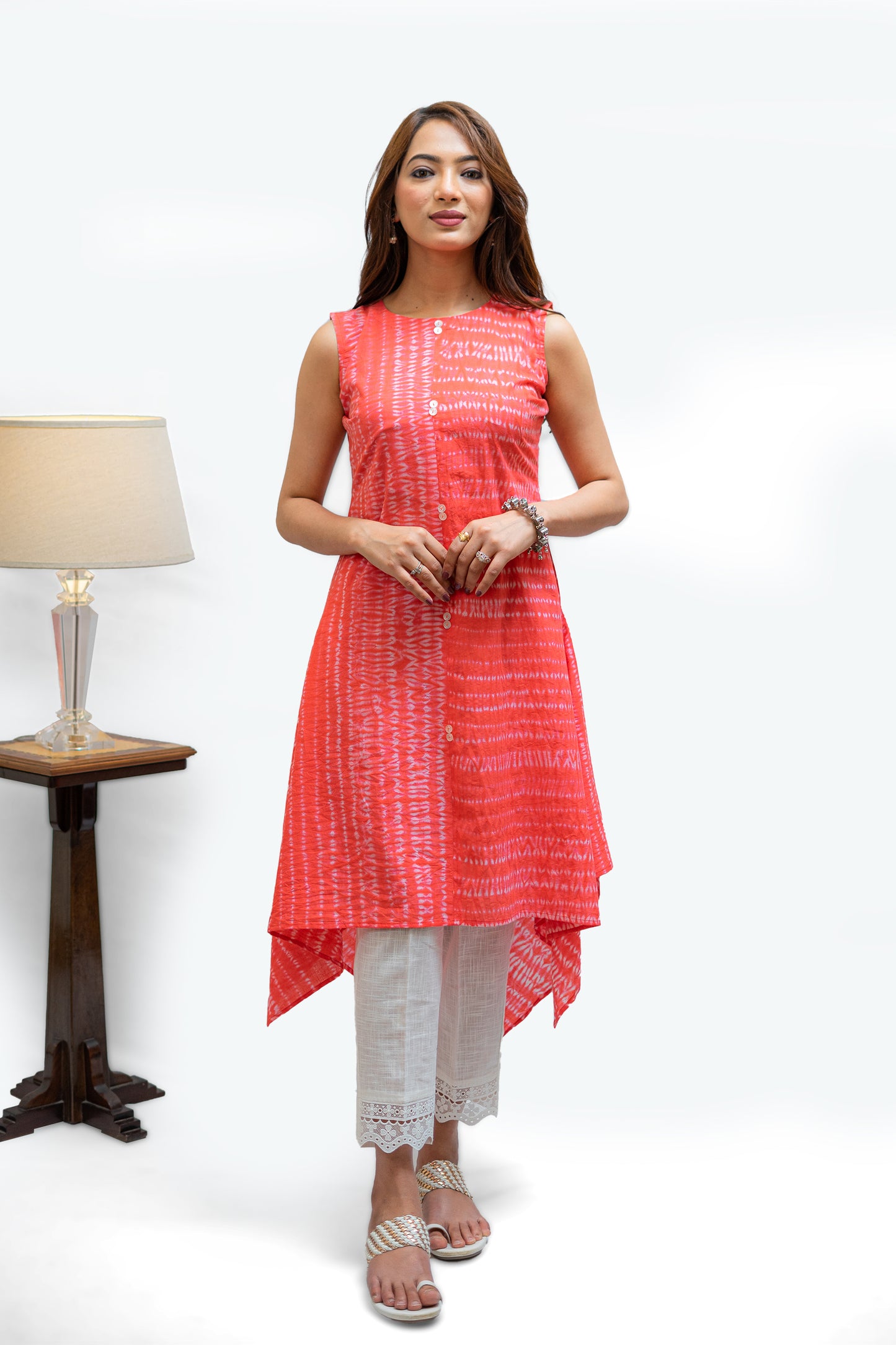 Coral Shibori Asymmetric Kurta