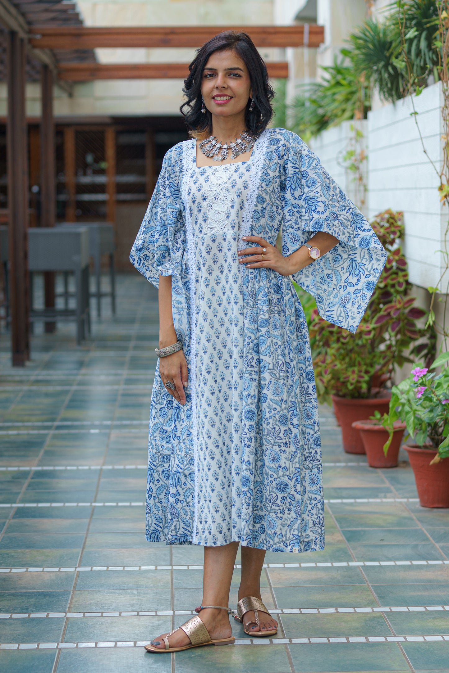 Serene Indigo Elegance Sanganeri Dress