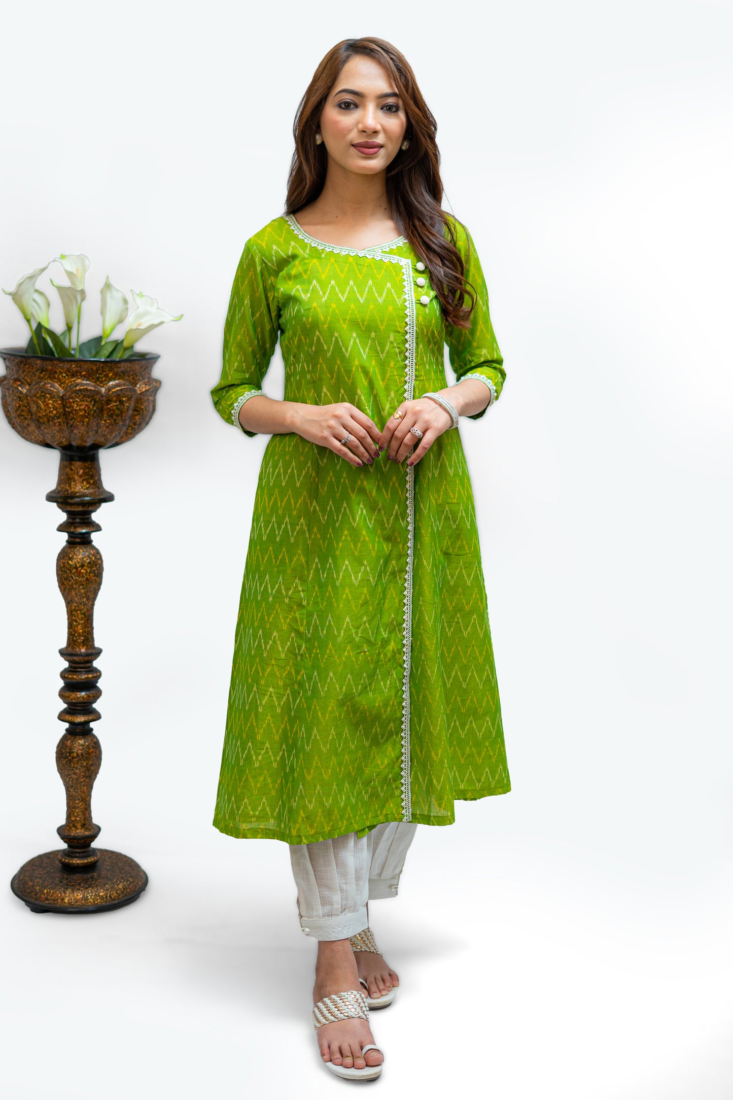 Hara Bhara Sweet Lime Ikkat Weave Angrakha Style Kurti