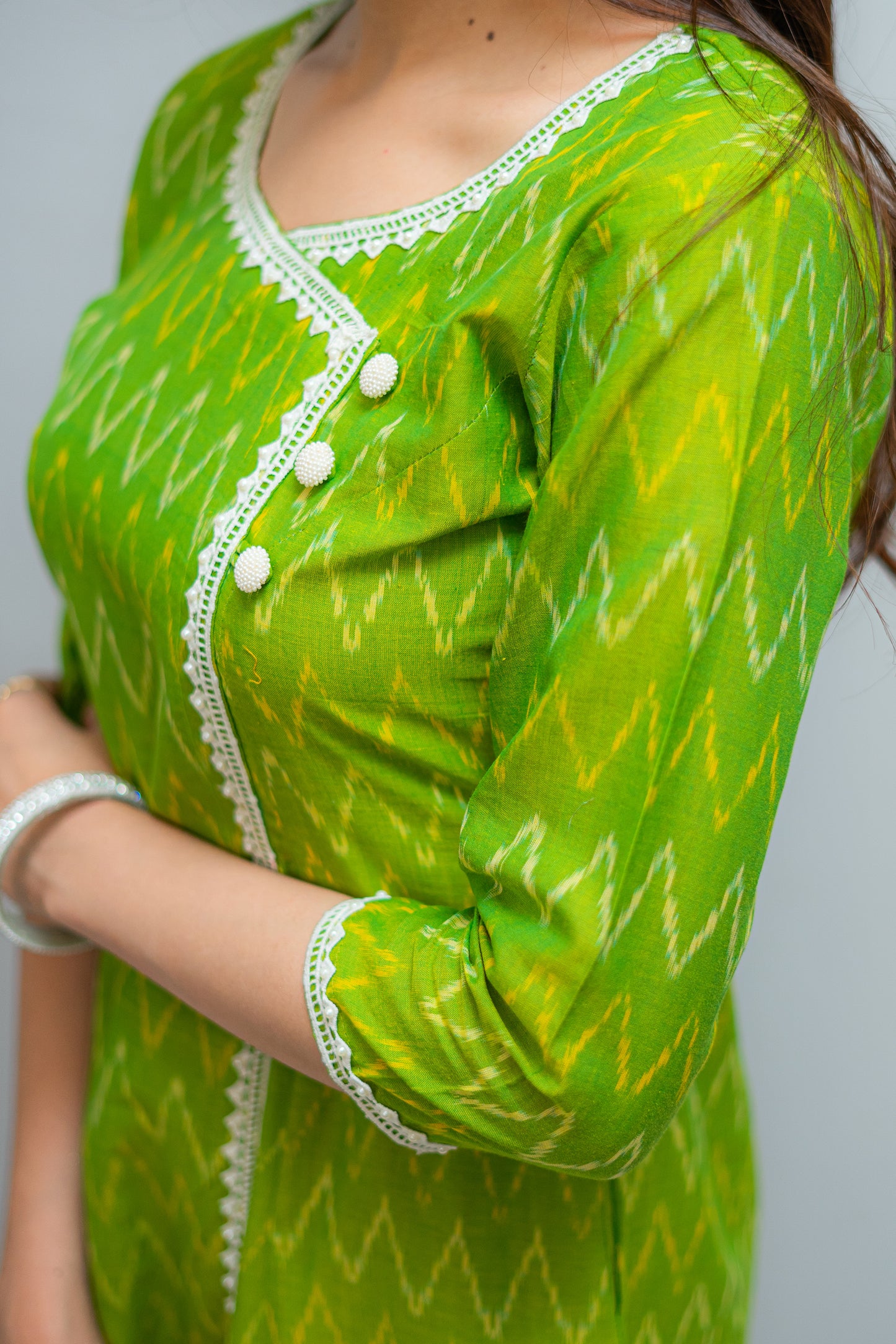 Hara Bhara Sweet Lime Ikkat Weave Angrakha Style Kurti