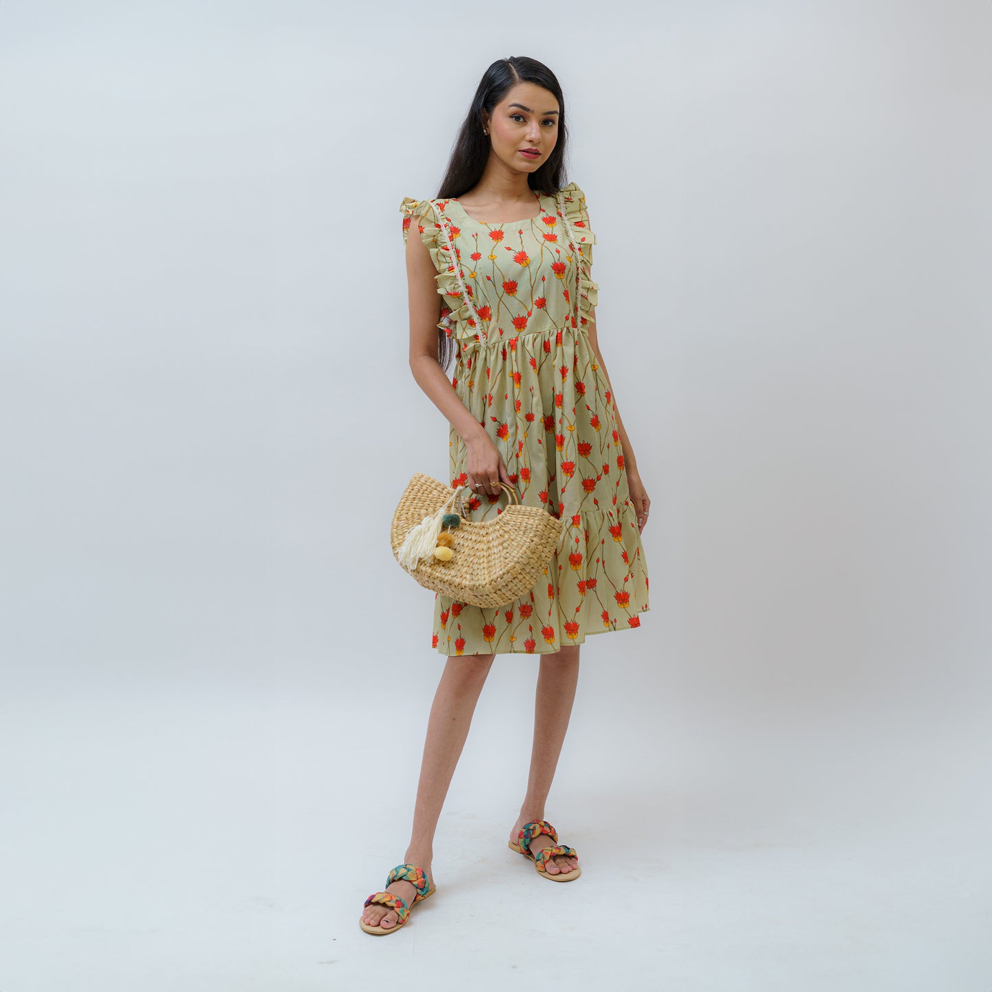 Padma Pistachio Pichwai Art Dress With Lace & Frill Work