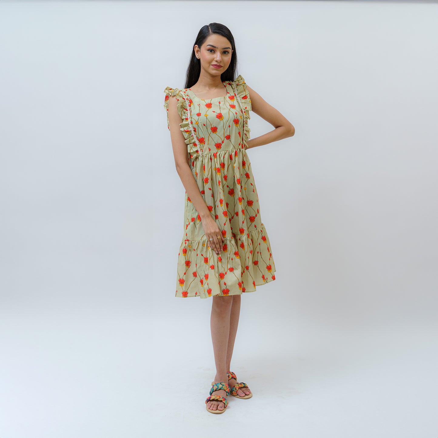 Padma Pistachio Pichwai Art Dress With Lace & Frill Work