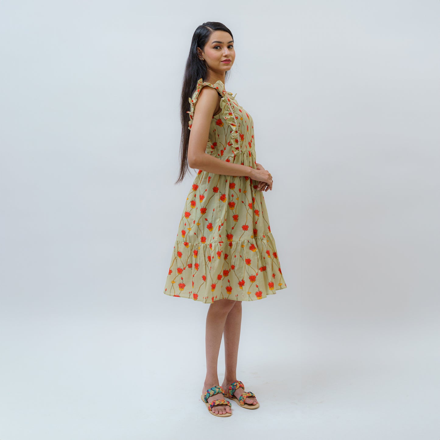 Padma Pistachio Pichwai Art Dress With Lace & Frill Work