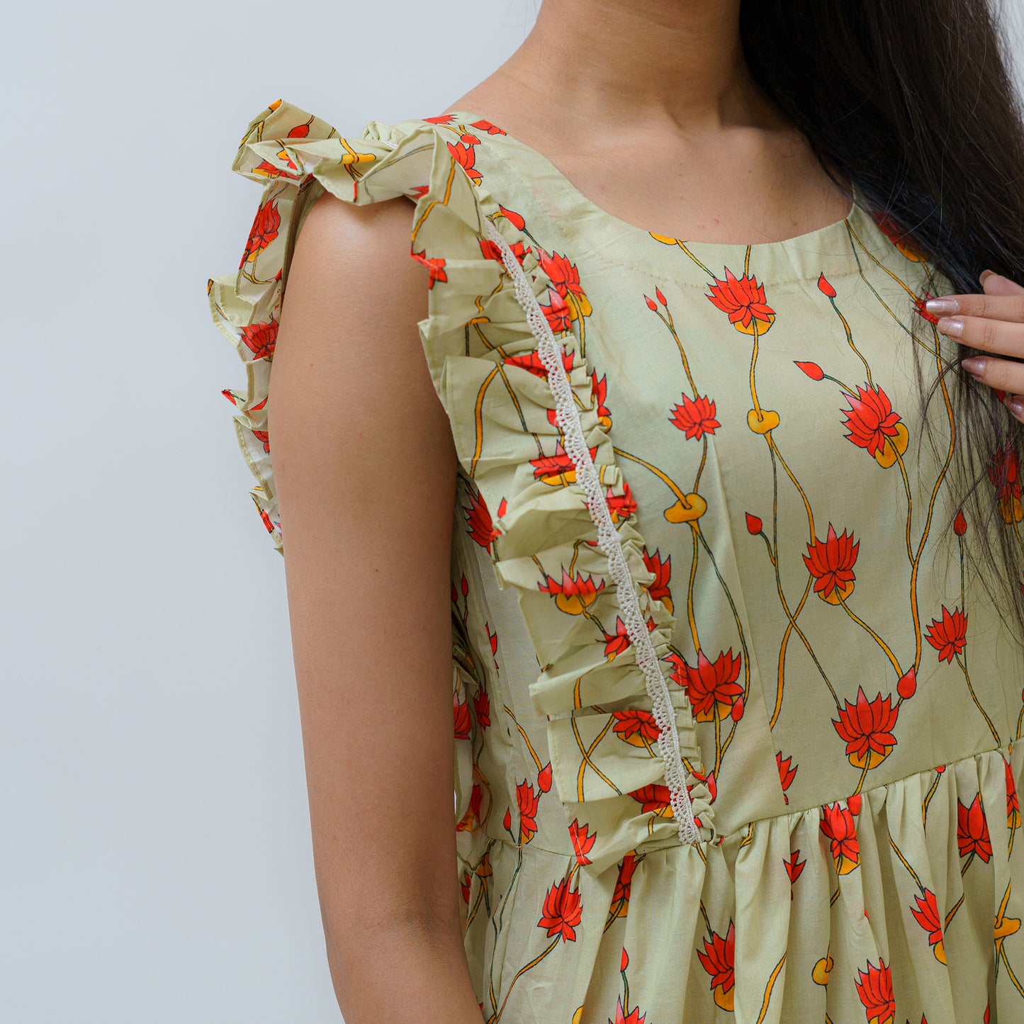 Padma Pistachio Pichwai Art Dress With Lace & Frill Work