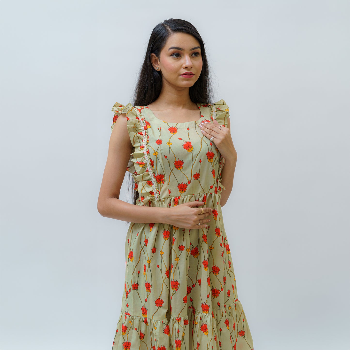 Padma Pistachio Pichwai Art Dress With Lace & Frill Work