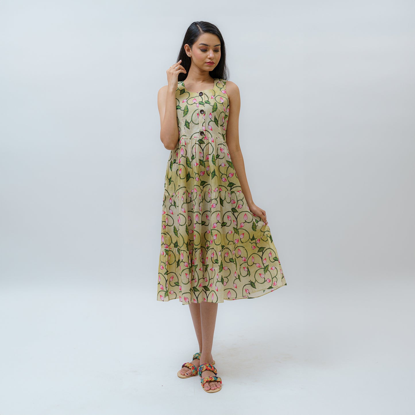 Blossoming Buds Pichwai Art 3 Layered Dress