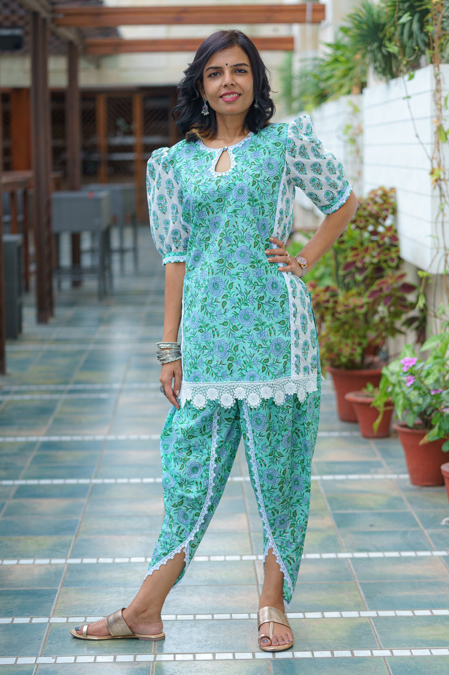 Sea Green Sanganeri Co-ord with Tulip Pant