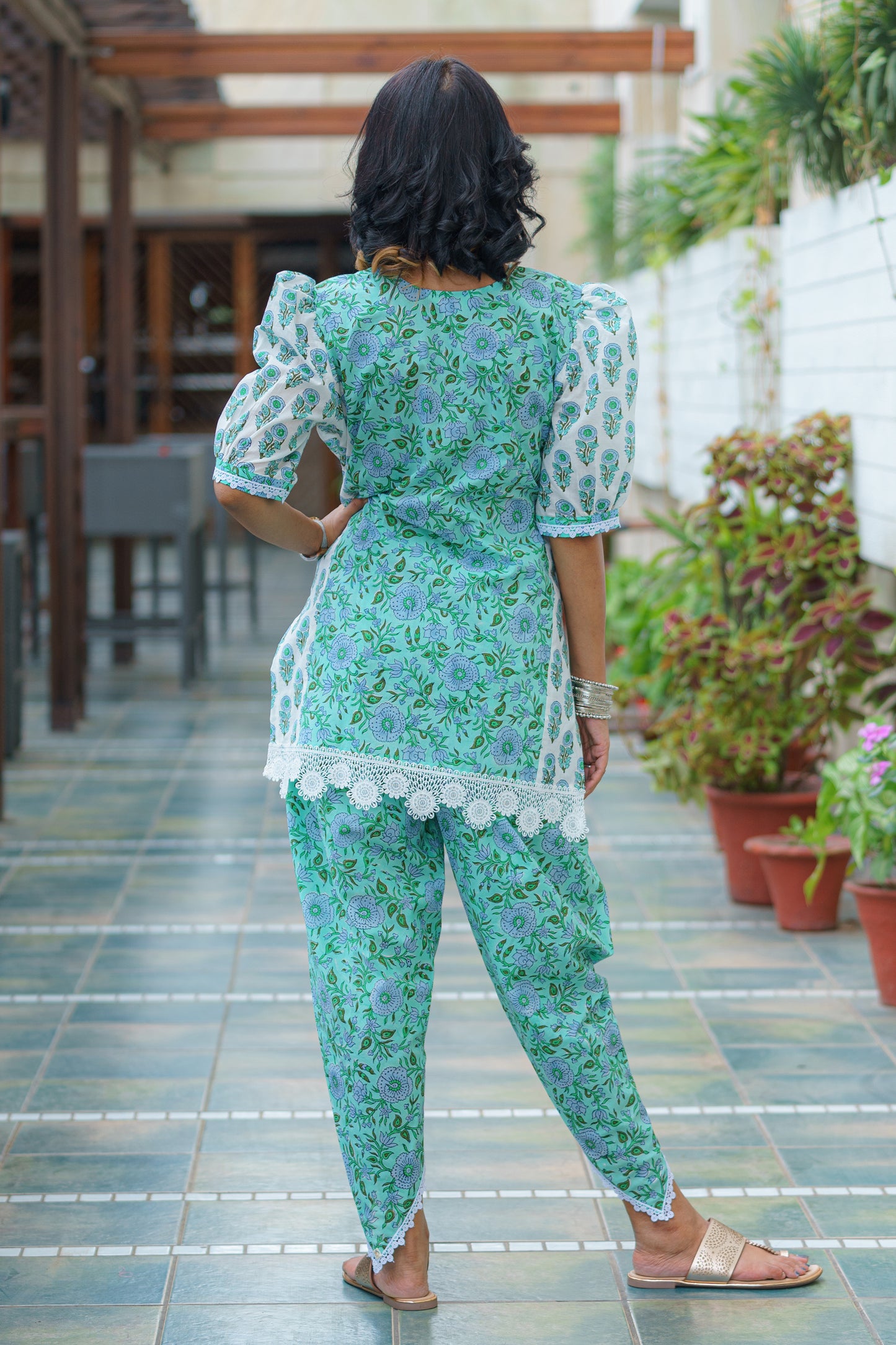 Sea Green Sanganeri Co-ord with Tulip Pant