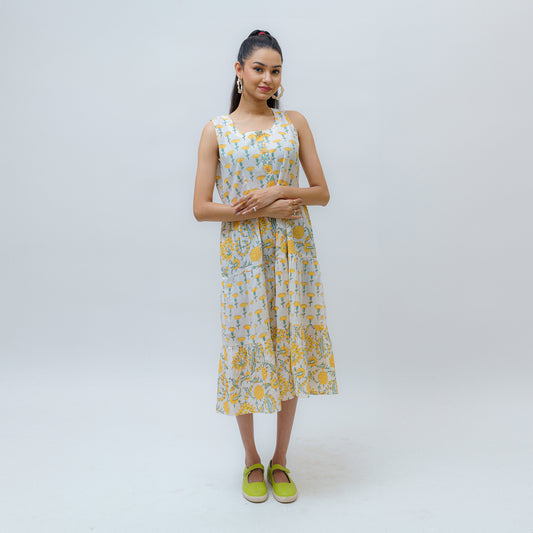 Serene Sunflower Sanganeri Layered Dress