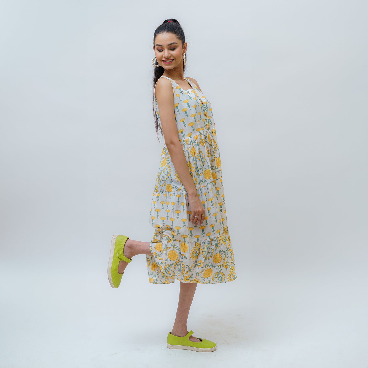 Serene Sunflower Sanganeri Layered Dress