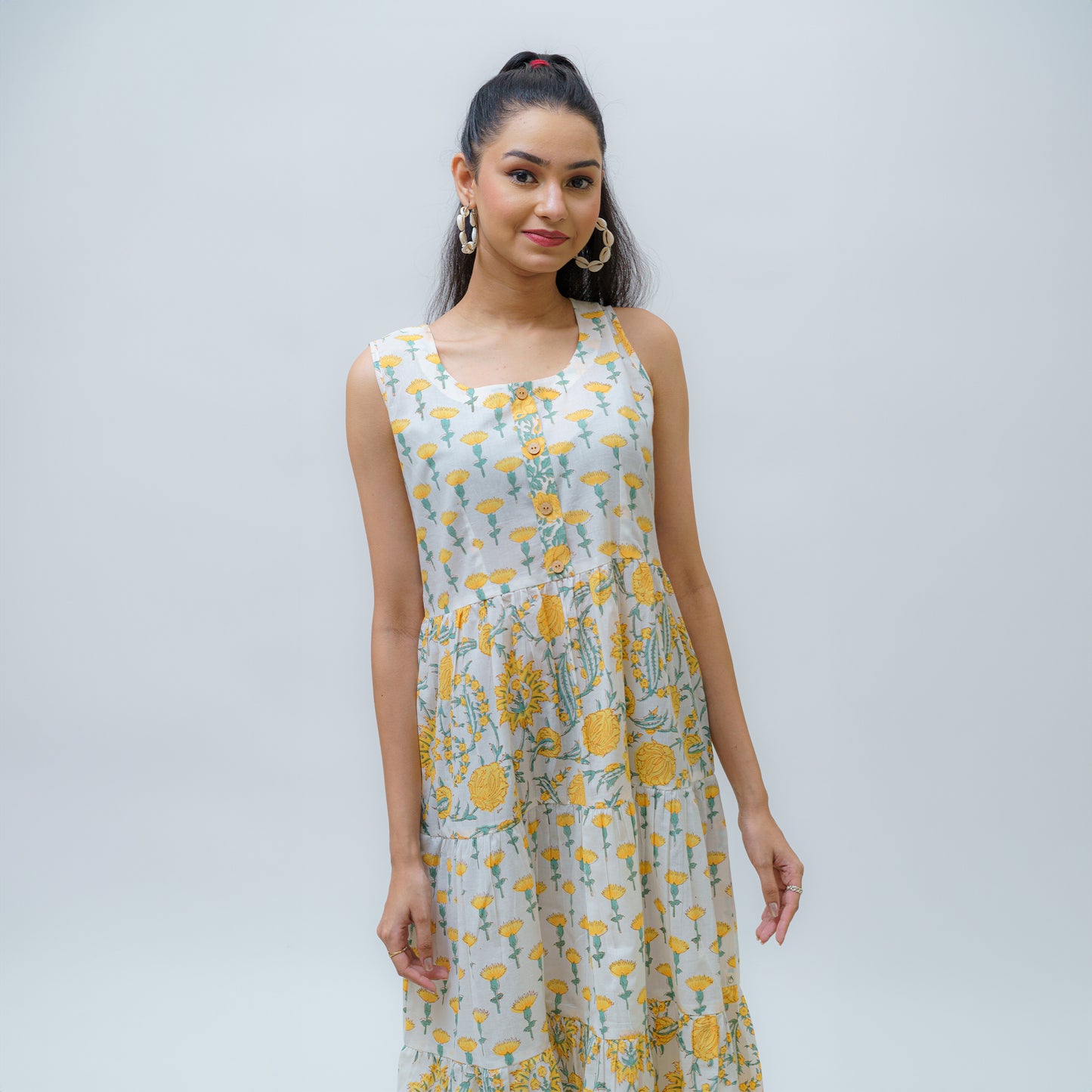 Serene Sunflower Sanganeri Layered Dress