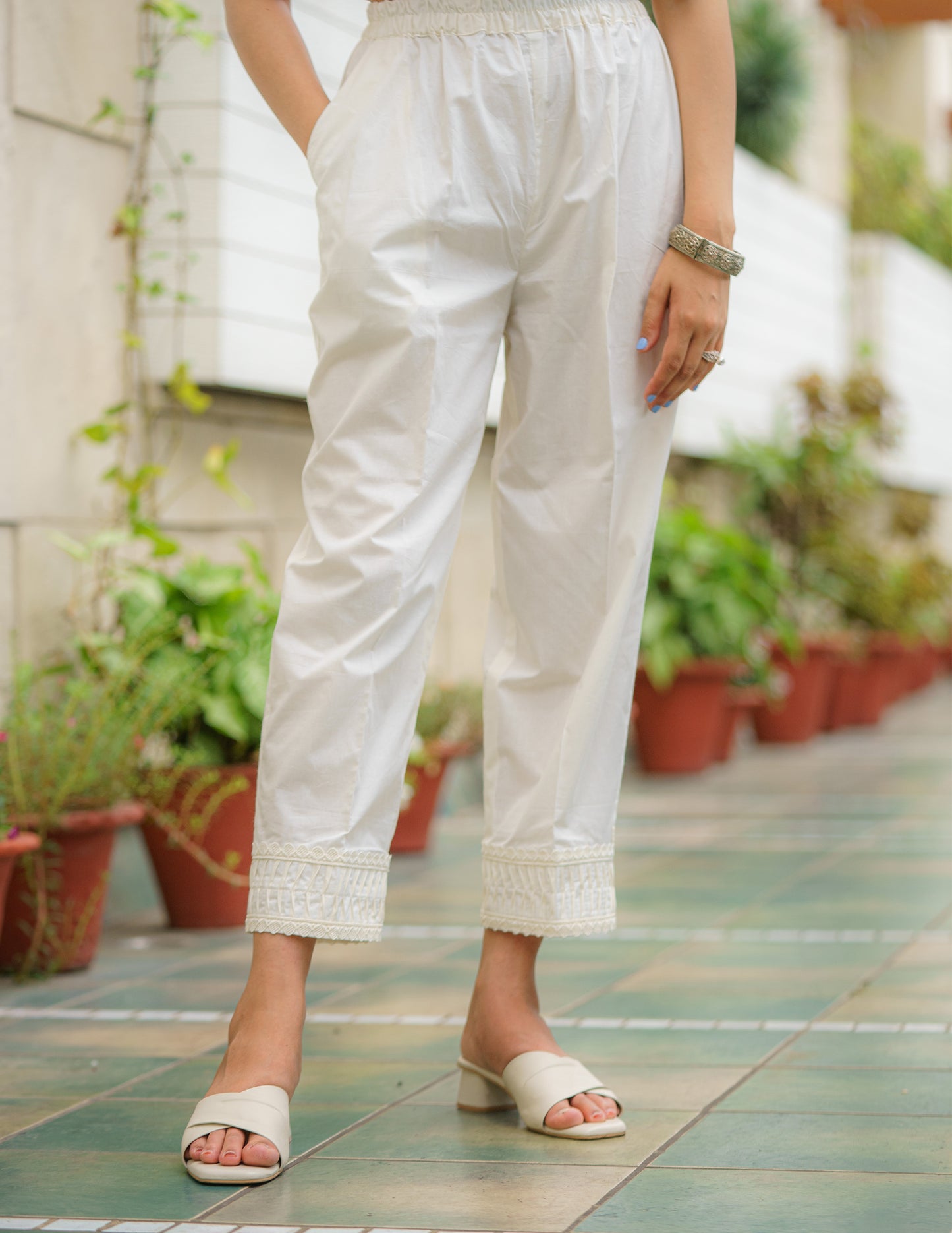 Pearl White Cotton Straight Pant