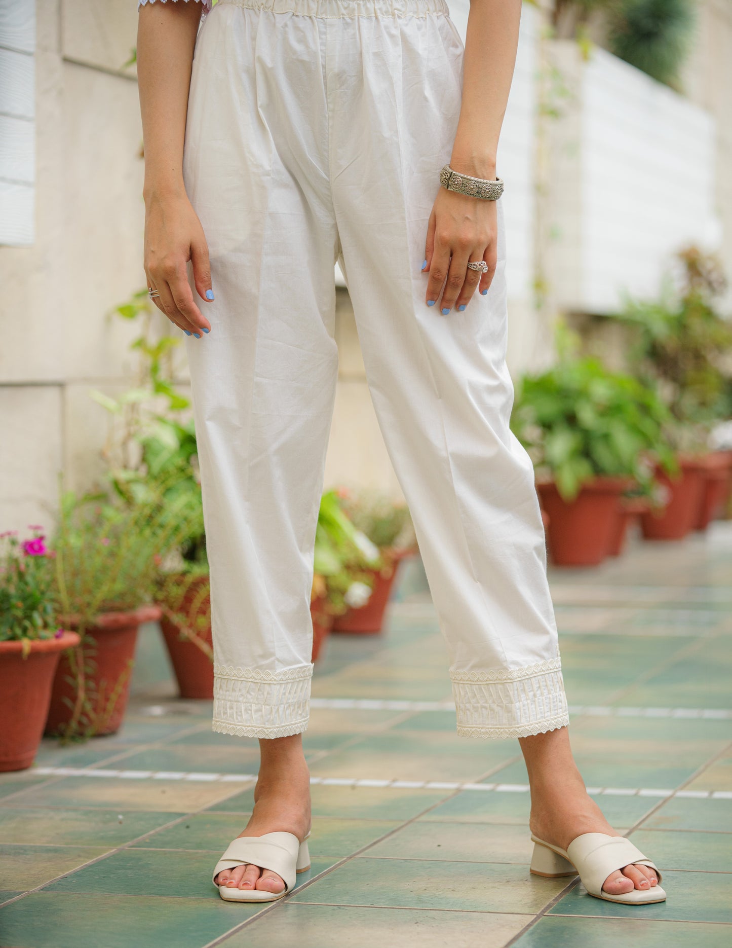 Pearl White Cotton Straight Pant