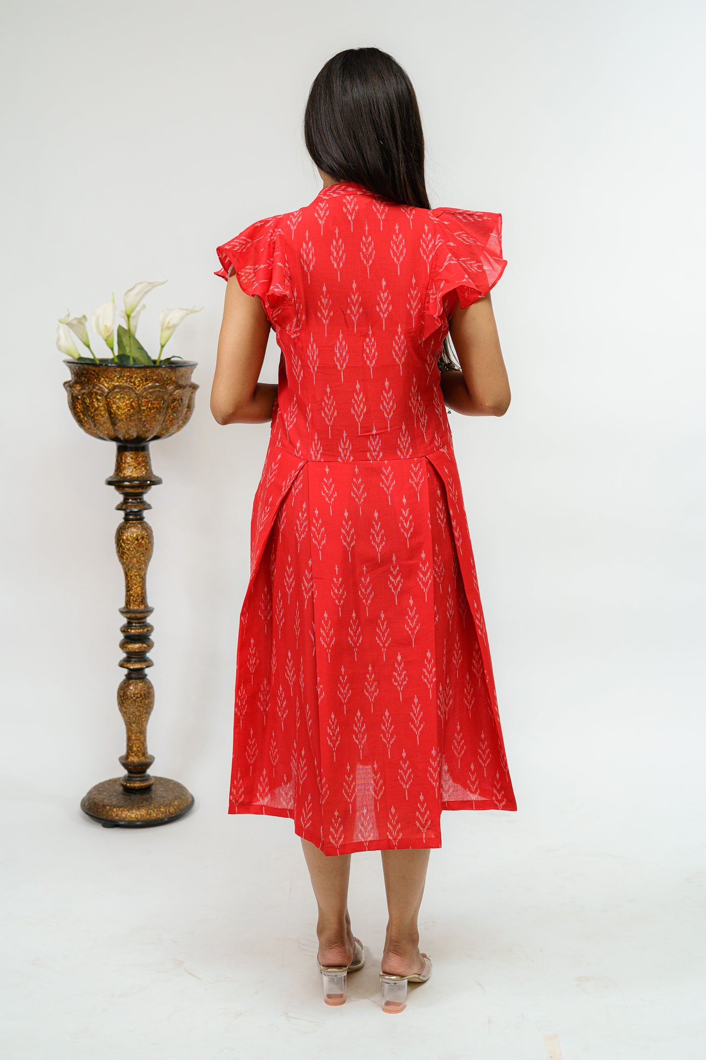 Cardinal Ikkat Weave Dress with Buttons & Pleats