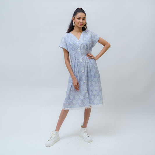 Rimjhim Hand Block Dress with Intricate Buttons