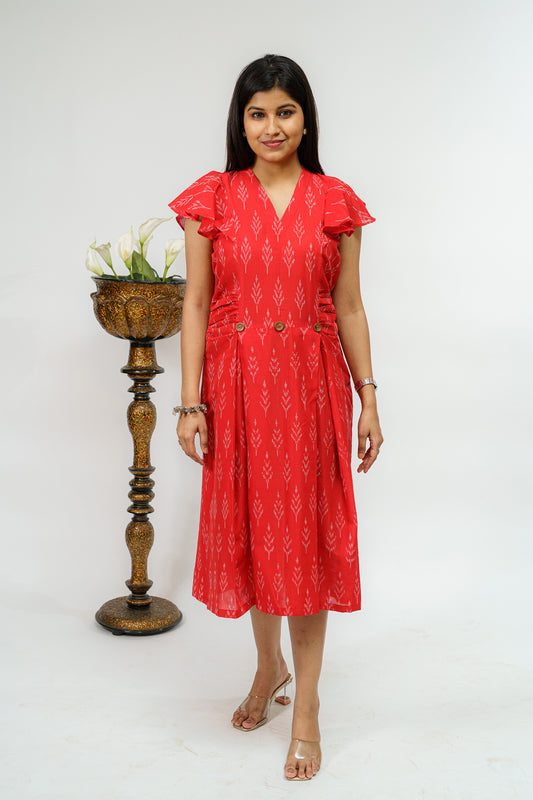 Cardinal Ikkat Weave Dress with Buttons & Pleats