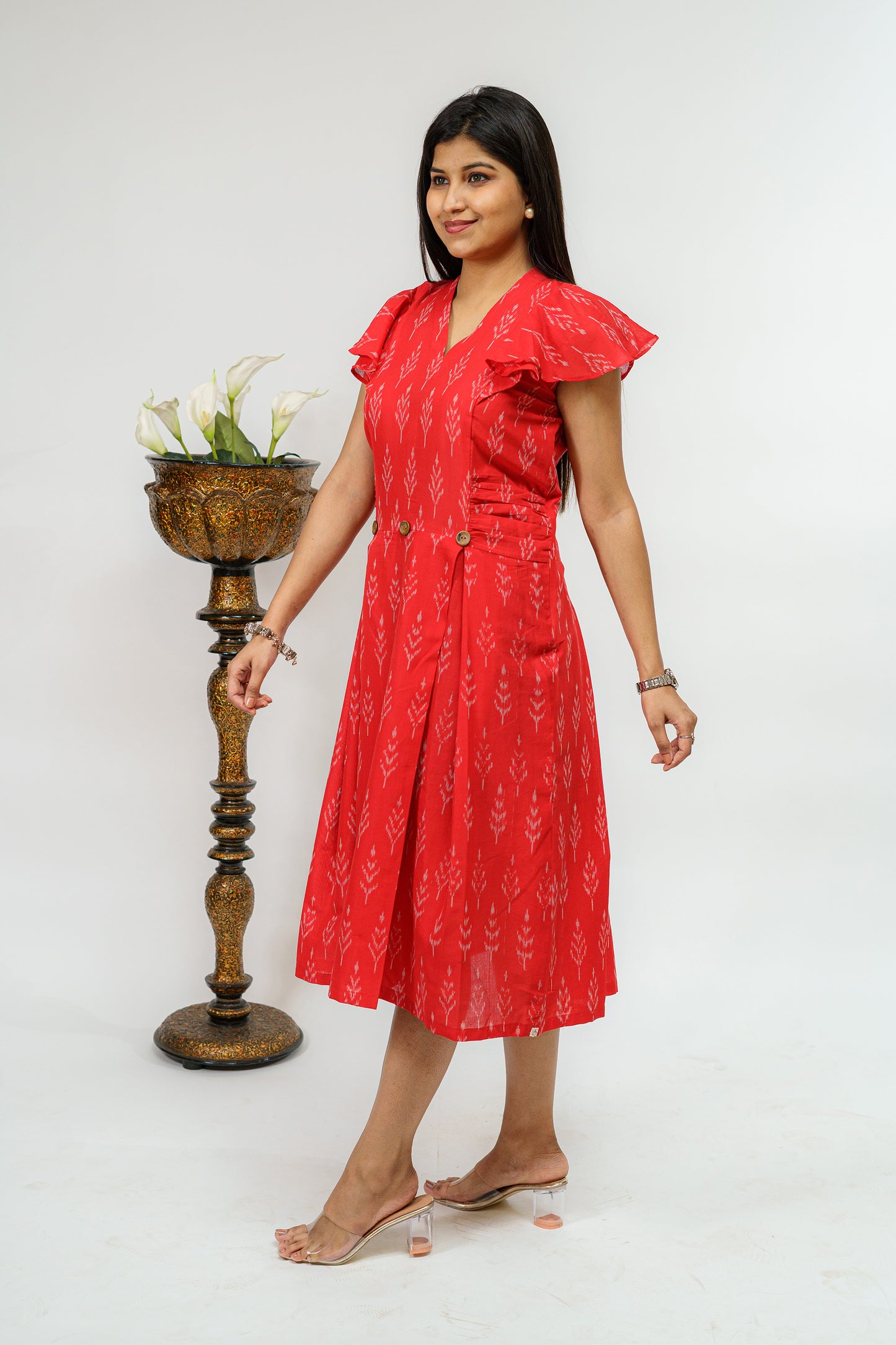 Cardinal Ikkat Weave Dress with Buttons & Pleats