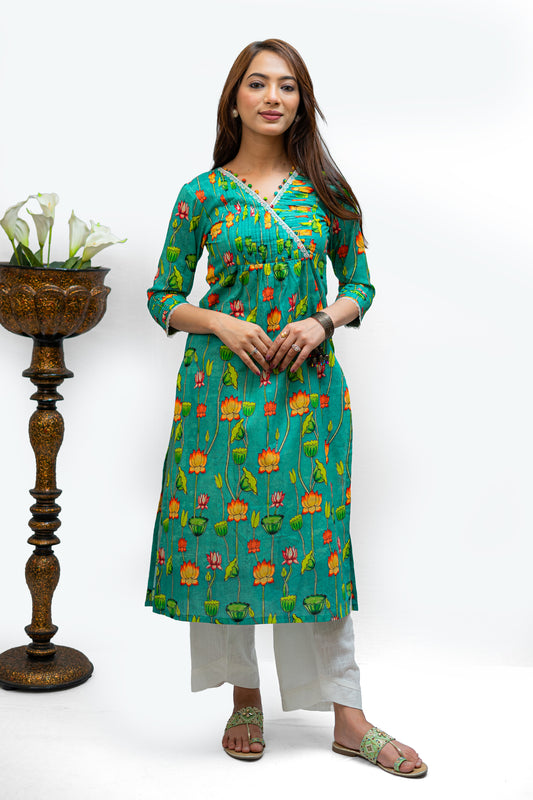 Lotus Pichwai Art Angrakha Style Kurta