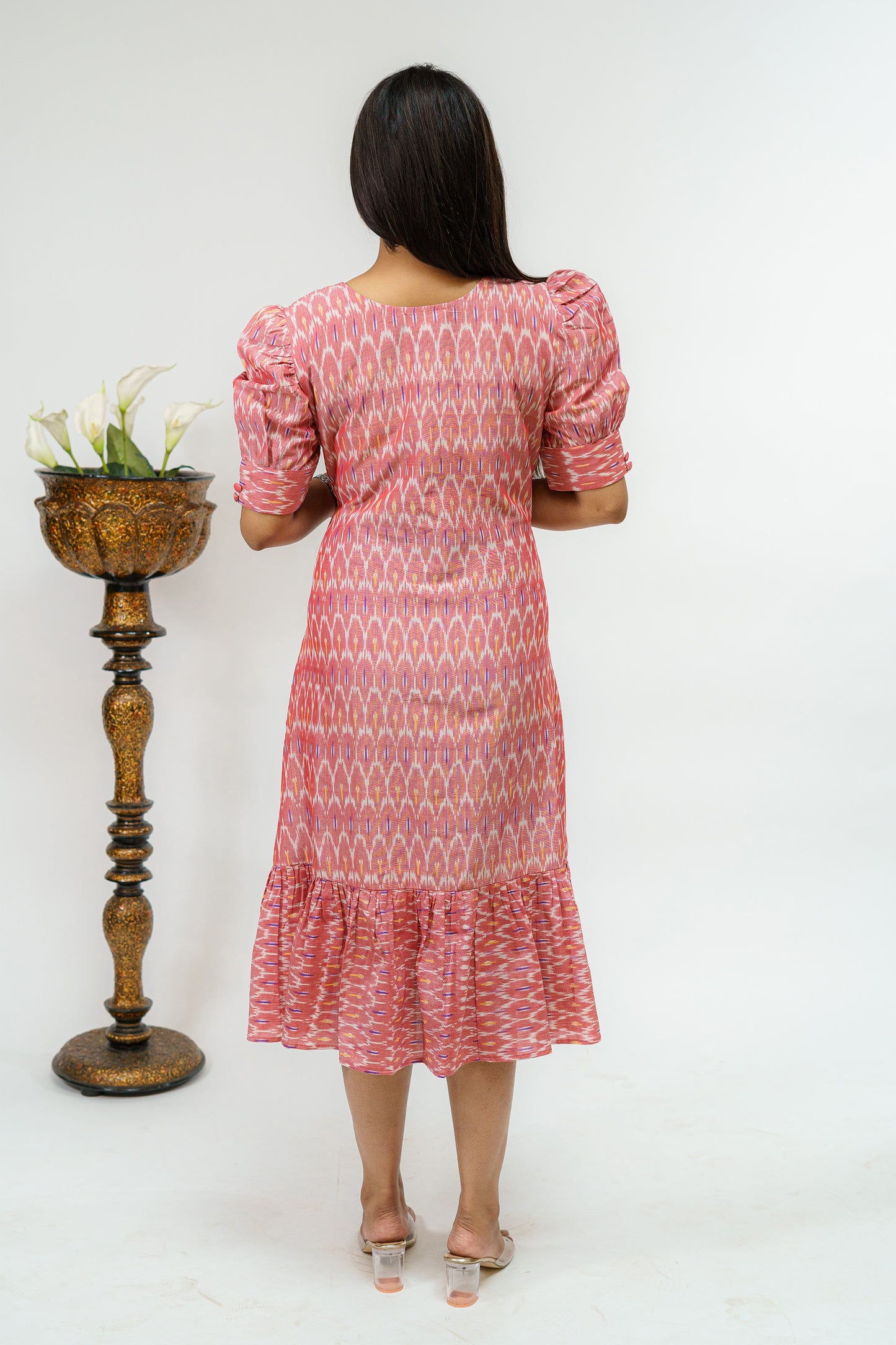 Salmon Pink with Hues of lilac Ikkat Weave Semi Formal Dress