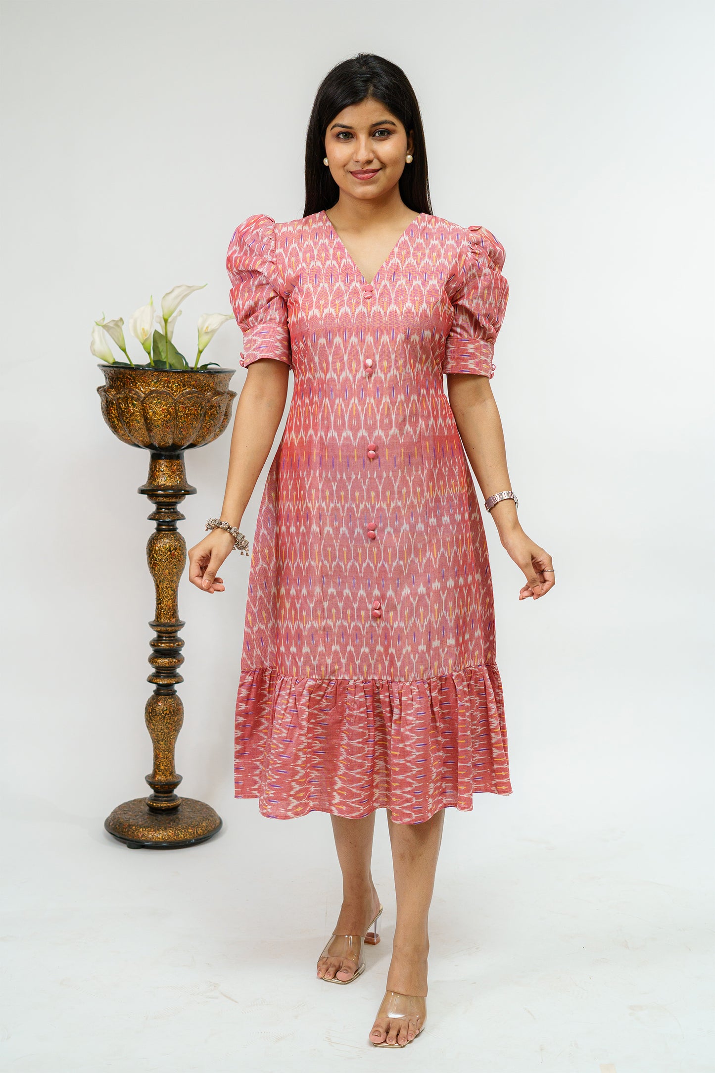 Salmon Pink with Hues of lilac Ikkat Weave Semi Formal Dress