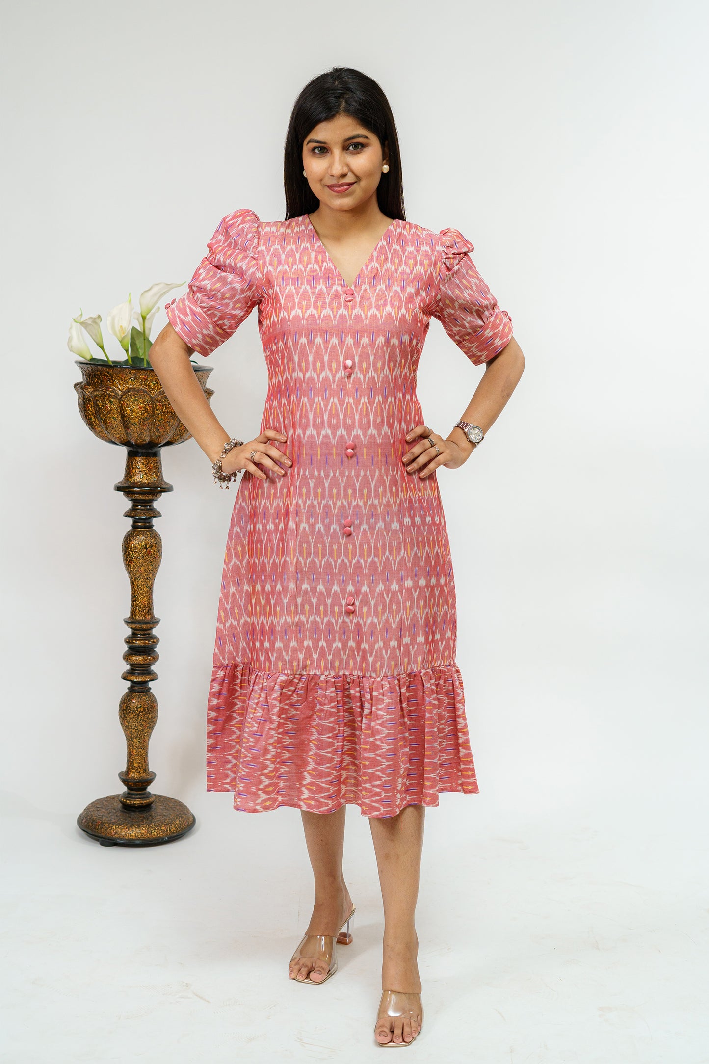 Salmon Pink with Hues of lilac Ikkat Weave Semi Formal Dress