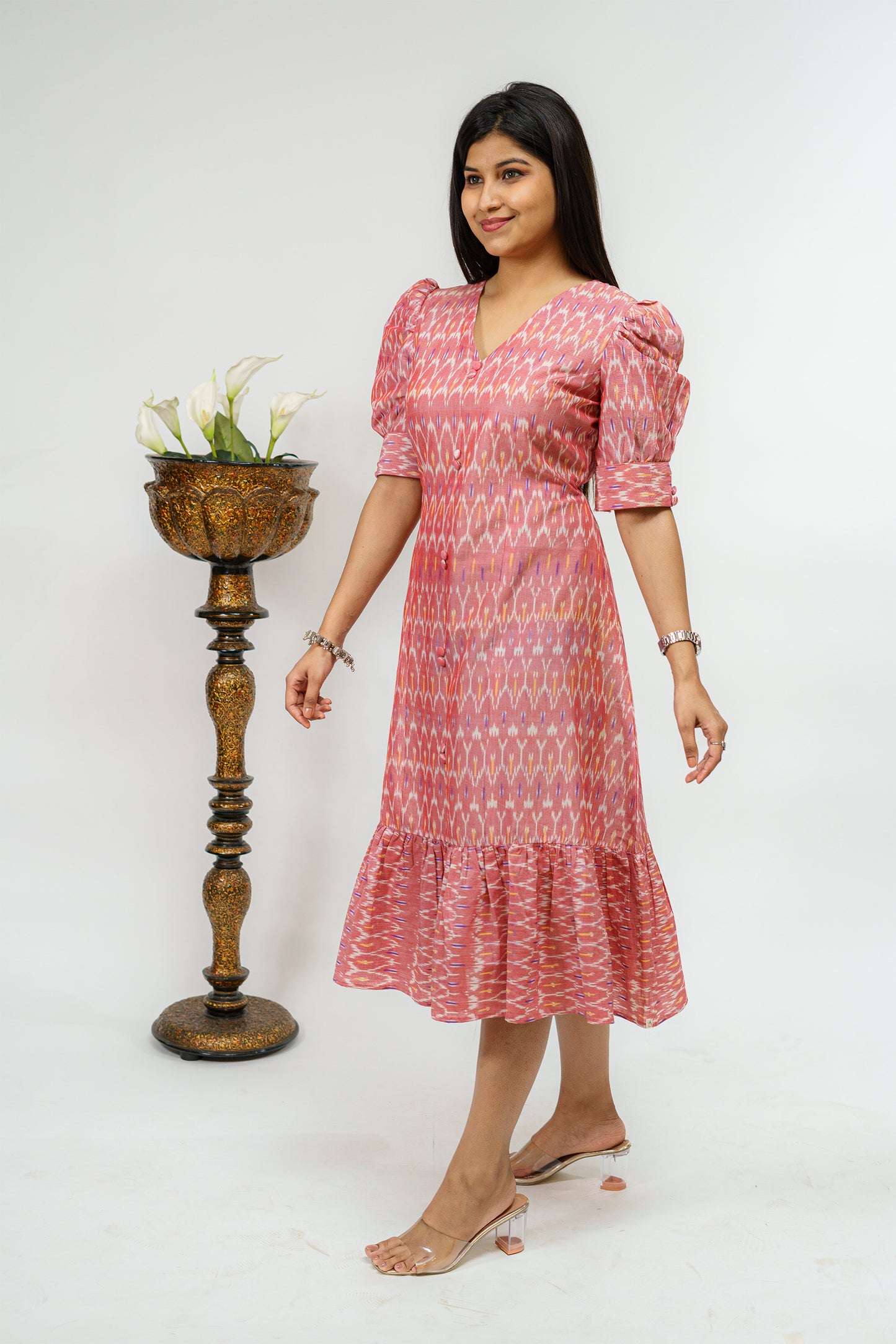 Salmon Pink with Hues of lilac Ikkat Weave Semi Formal Dress