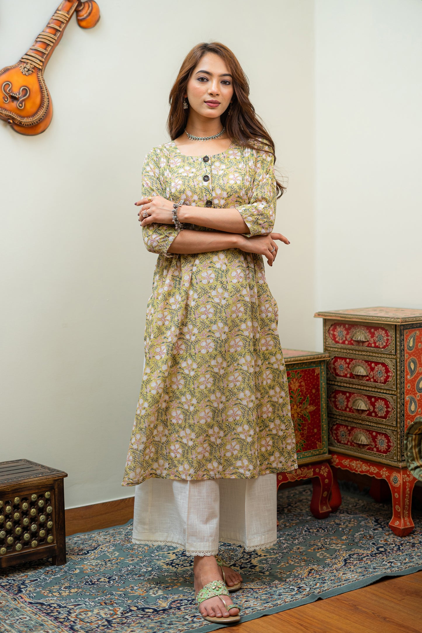 Intricately Side Pleated Floral Kurta