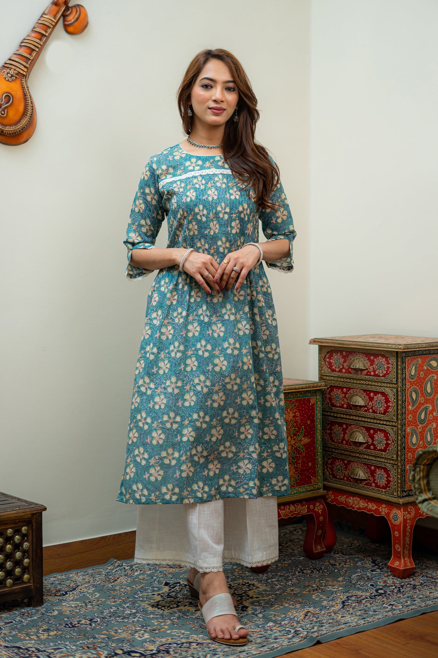 Enchanting Ocean Hand Block with Pintucks Kurta