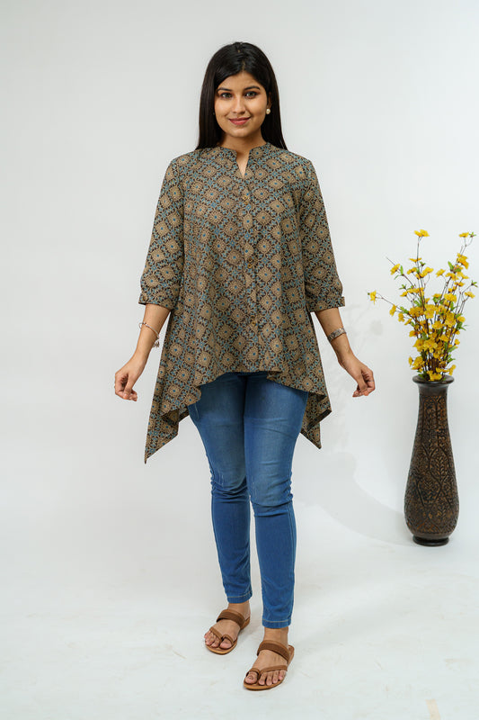 Shades of Forest Ajrakh Short Kurti