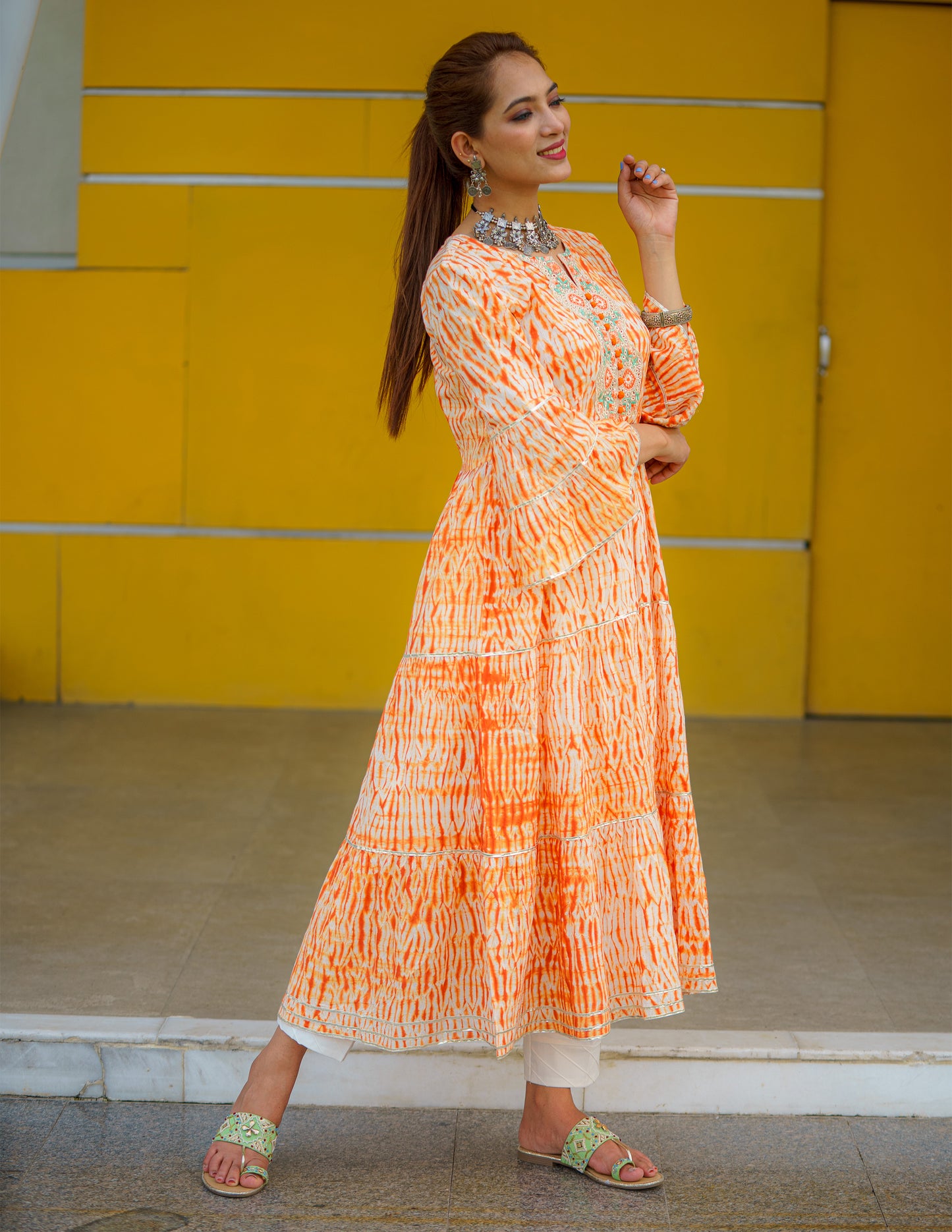 Tangy Tangerine Shibori Kurti with Embroidered Lace Work